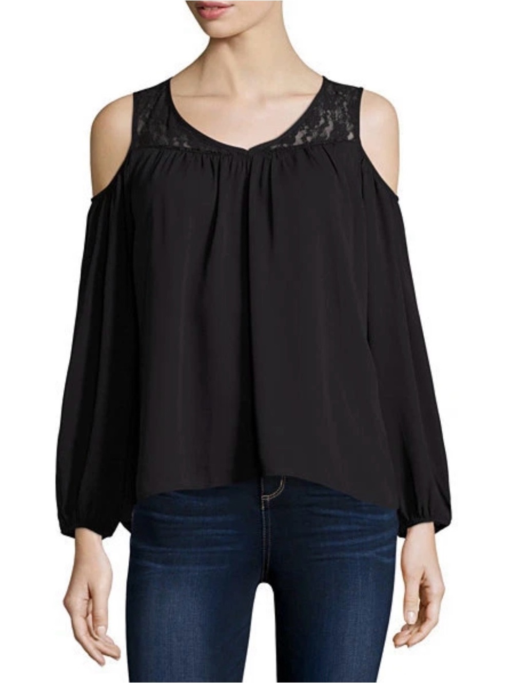 🌙✨Decree Black Cold-Shoulder Lace Yoke Blouse
